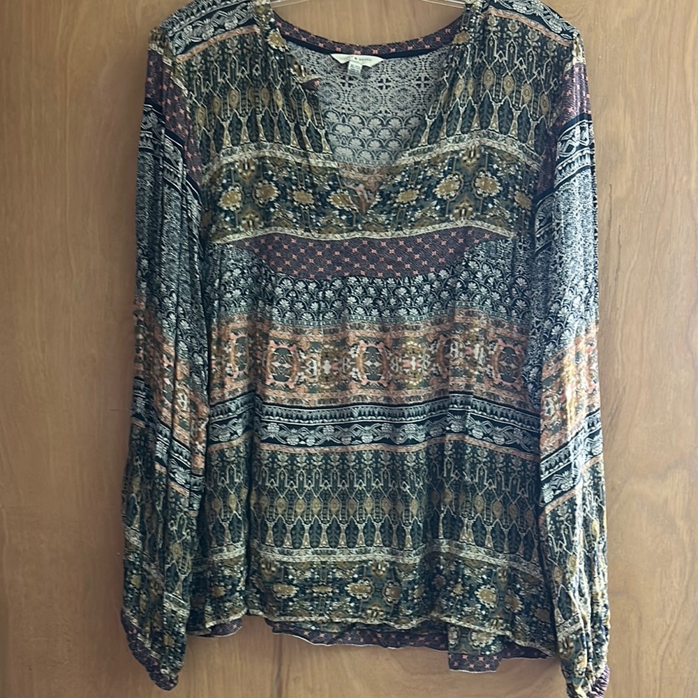 Lucky Brand Earthy Patterned V-Neck Blouse